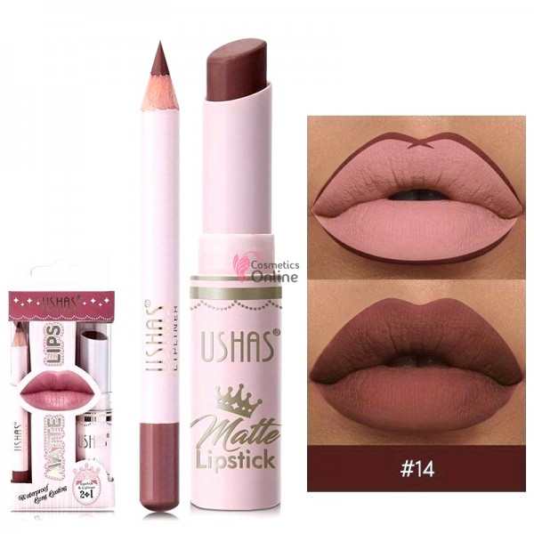Ruj solid pentru buze 2 in1 USHAS Matte & LipLiner Cod 14 Brandy Brown